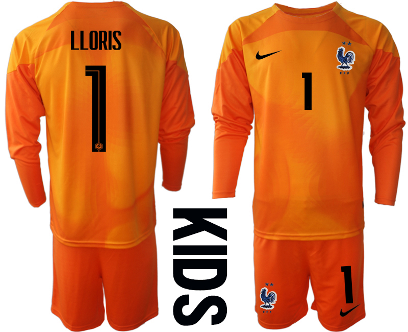 Youth 2022 World Cup National Team France orange goalkeeper long sleeve #1 Soccer Jersey